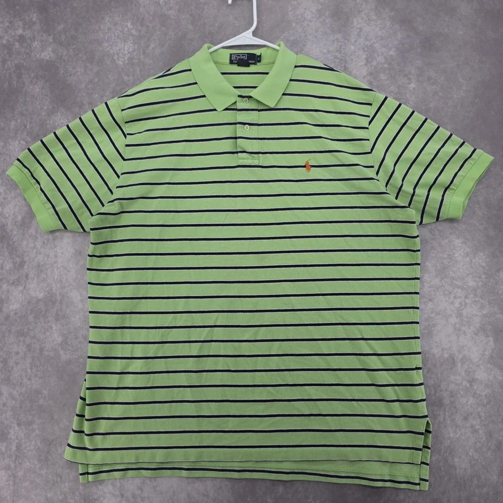 Vtg Polo Ralph Lauren Mens XXL Striped Pique Polo Shirt Green Short Sleeve Y2K
